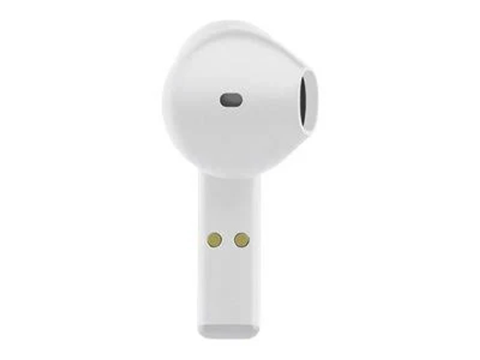 Singolo auricolare bianco su sfondo bianco, che mostra il profilo laterale.
