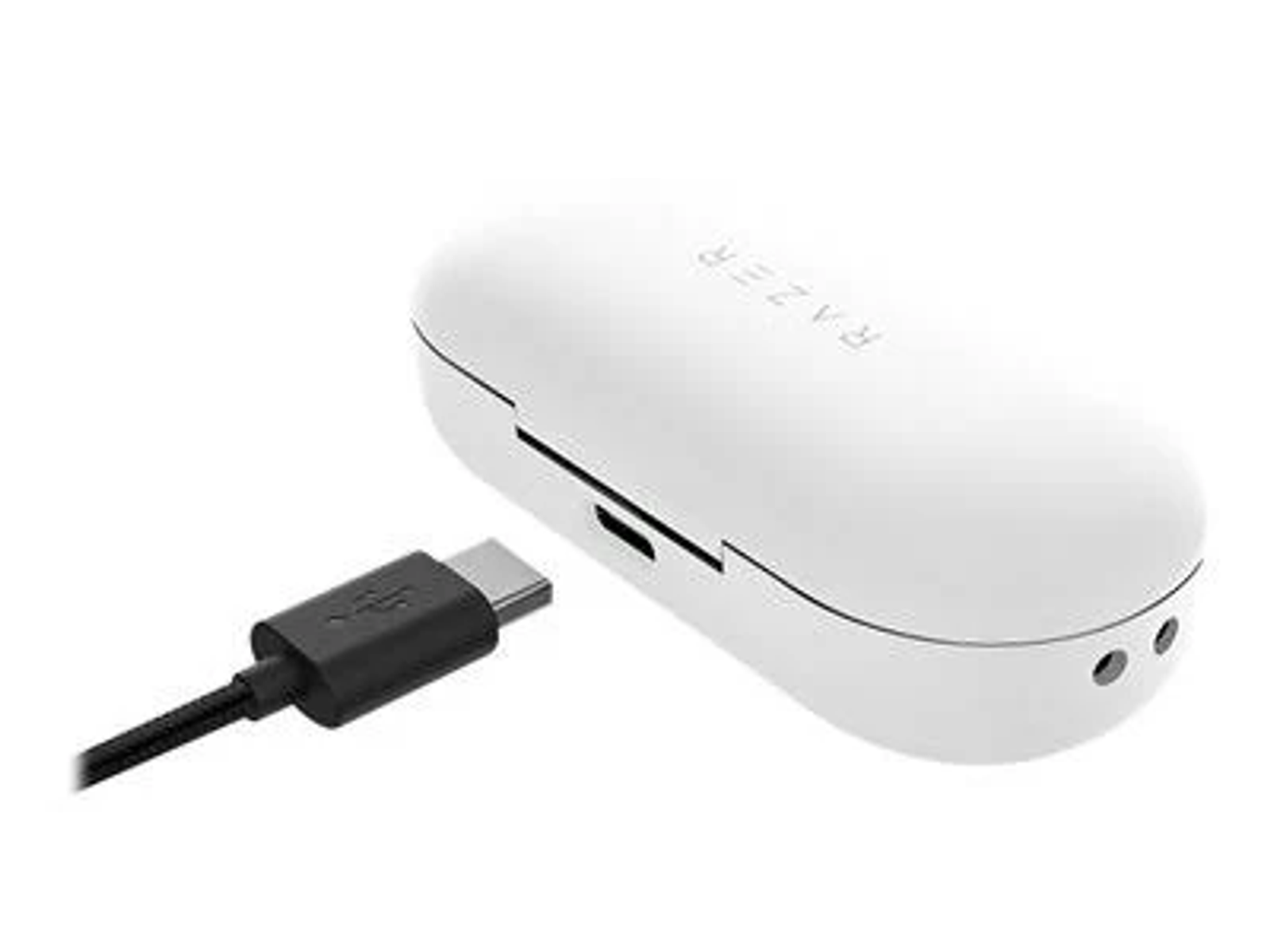 Custodia bianca per auricolari con cavo di ricarica nero. La parola RAZER è scritta sopra.