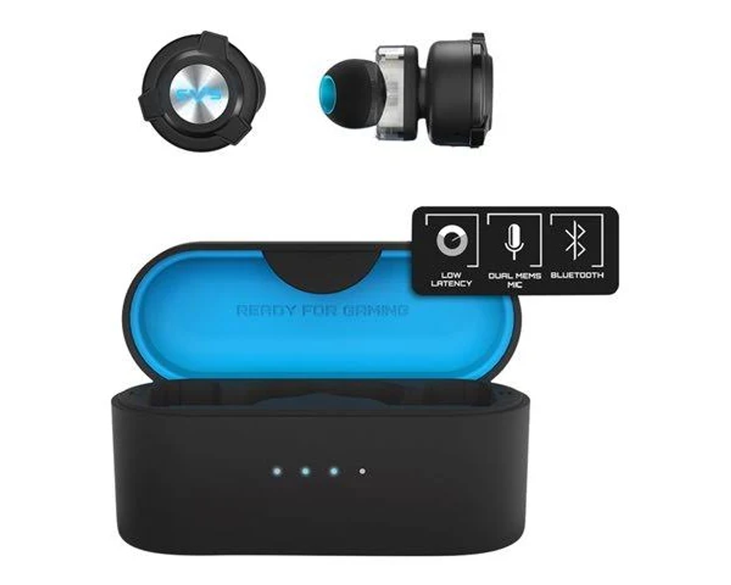 Auricolari neri e blu con custodia. Custodia aperta, auricolari e dettagli custodia mostrati. Icone informative visibili.