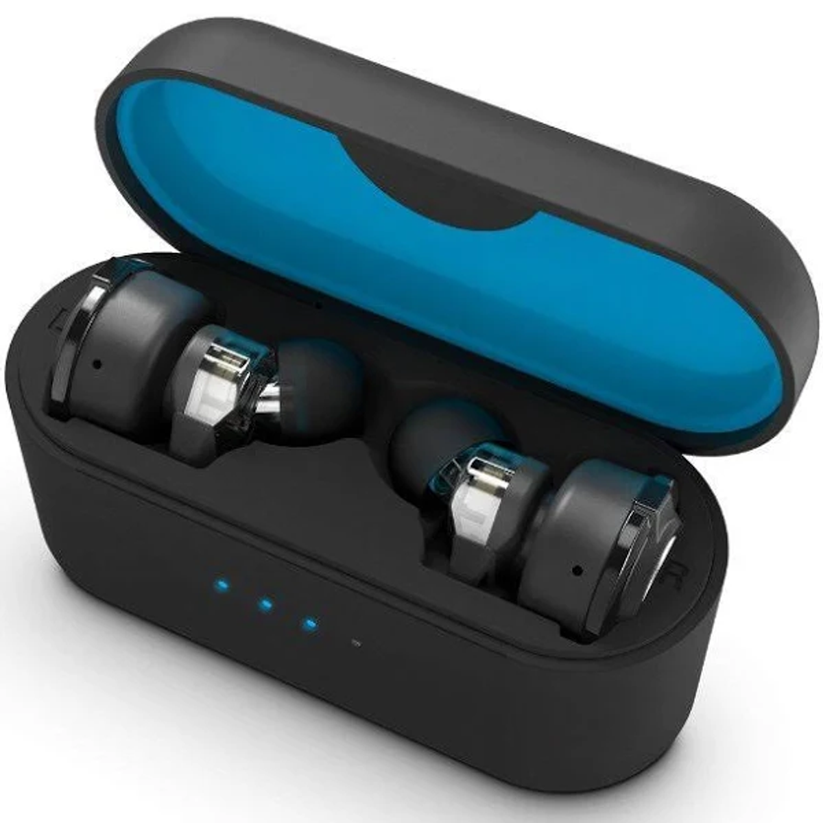 Auricolari neri in un astuccio nero, con interno blu e spie di ricarica.