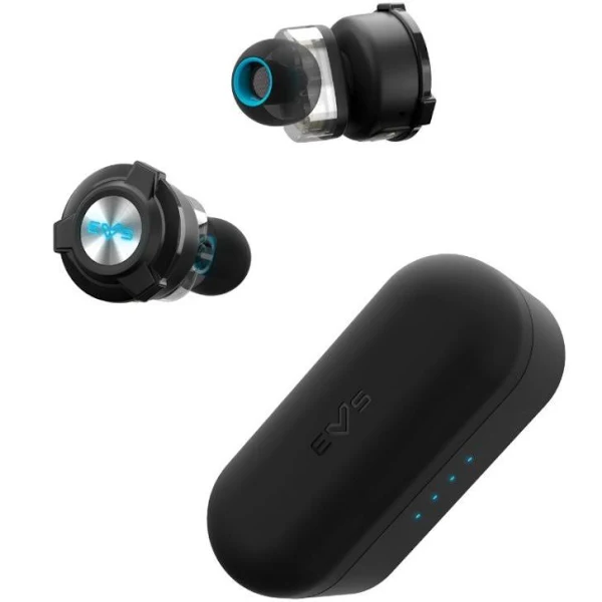 Auricolari neri con custodia di ricarica. Gli auricolari sono neri e argento.