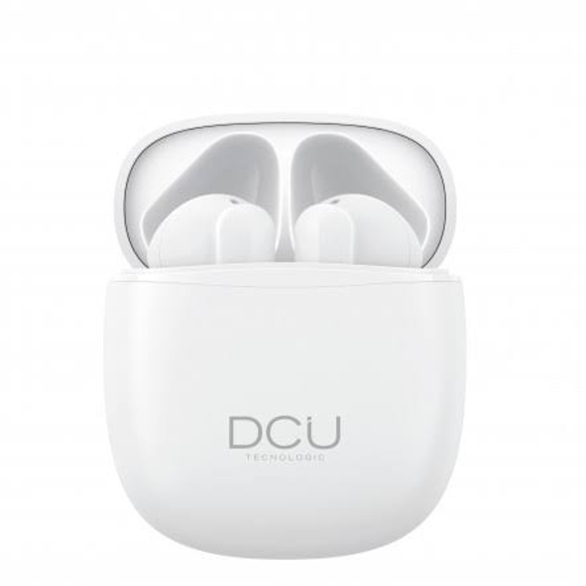 Auricolari bianchi all'interno di una custodia di ricarica bianca con il logo DCU Tecnologie.