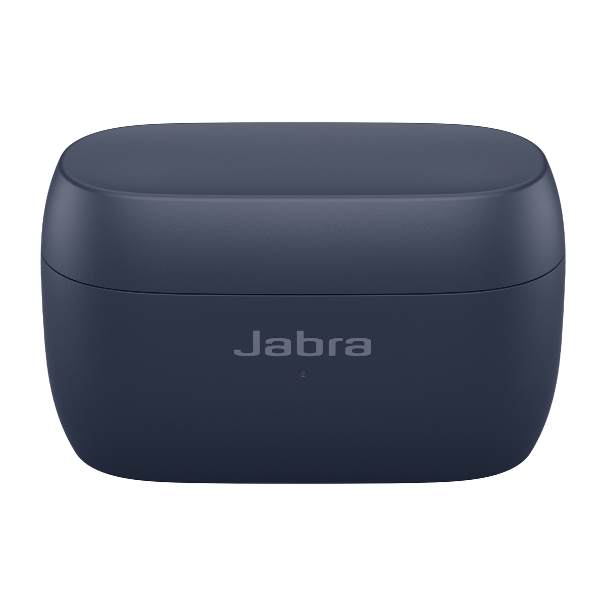 Marineblaue Jabra Ladecase, geschlossen. Jabra-Logo oben. Abgerundete Form.