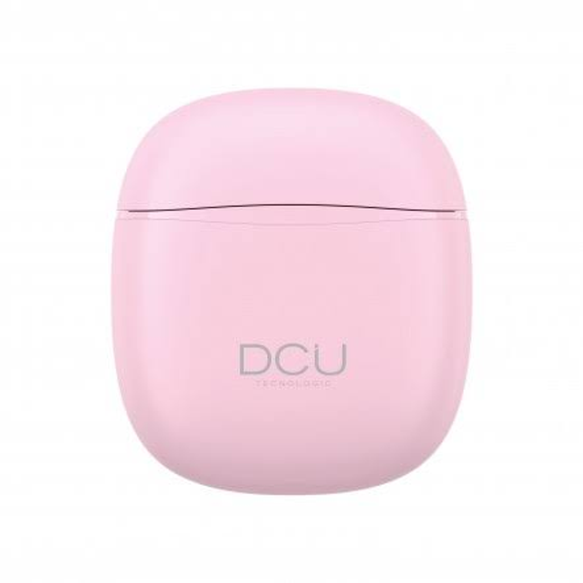 Estuche de carga rosa con el texto "DCU TECNOLOGIE". Aislado sobre blanco.