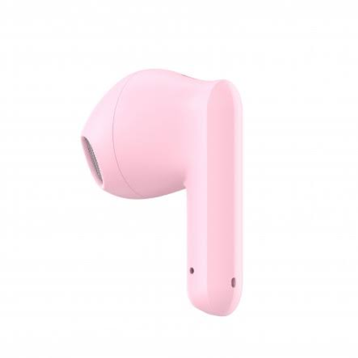 Un auricular inalámbrico rosa, aislado sobre un fondo blanco. Tiene un diseño curvo y un pequeño agujero.
