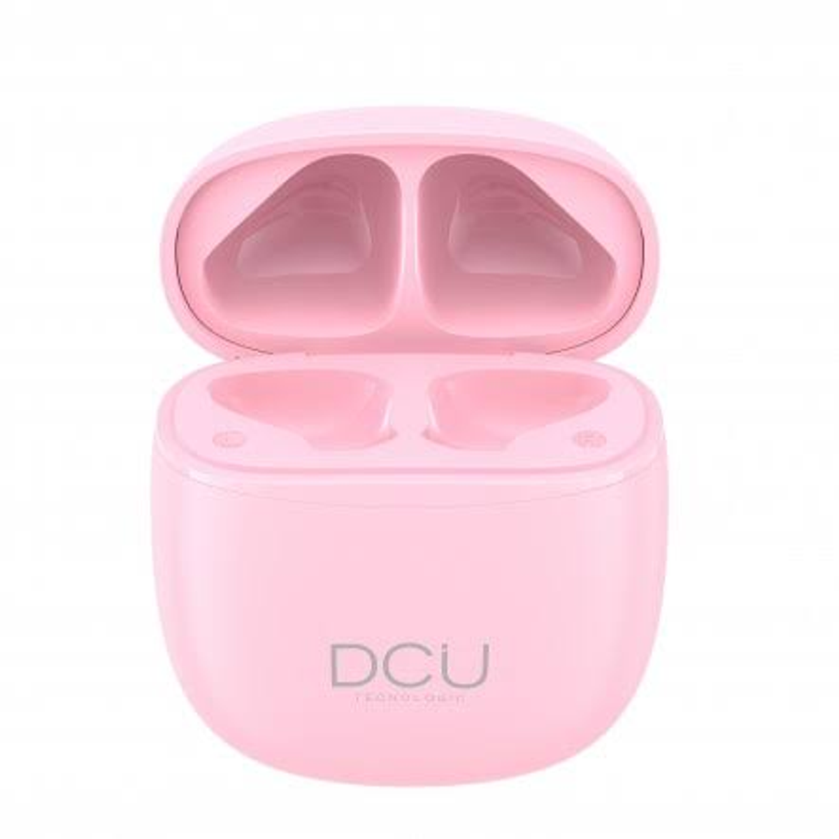 Un estuche rosa para auriculares con la tapa abierta.
