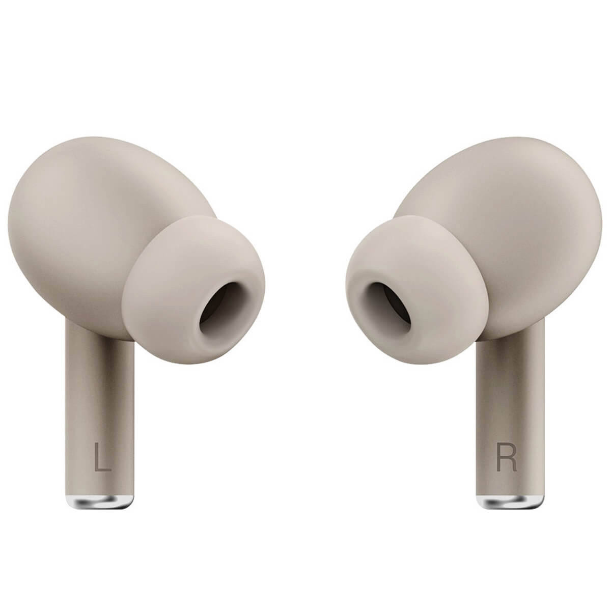 Dwa beżowe słuchawki z oznaczeniami 'L' i 'R'. Mają zaokrąglony korpus i końcówkę do ucha.