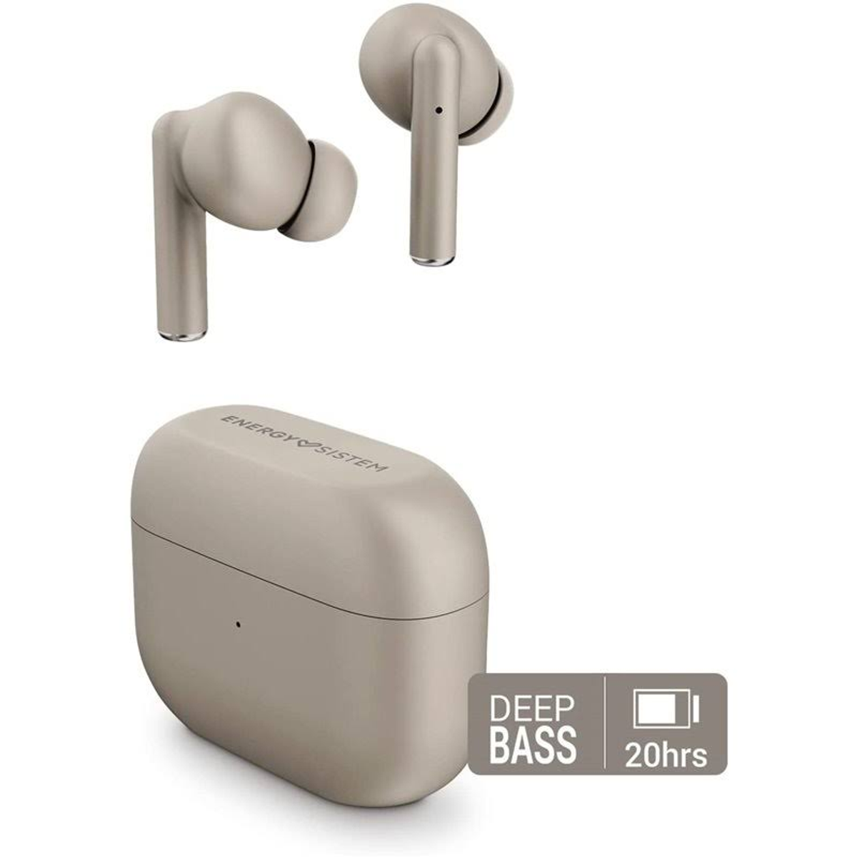 Beżowe słuchawki i etui ładujące. Etui ma nazwę marki i etykietę 'Deep Bass 20hrs'.
