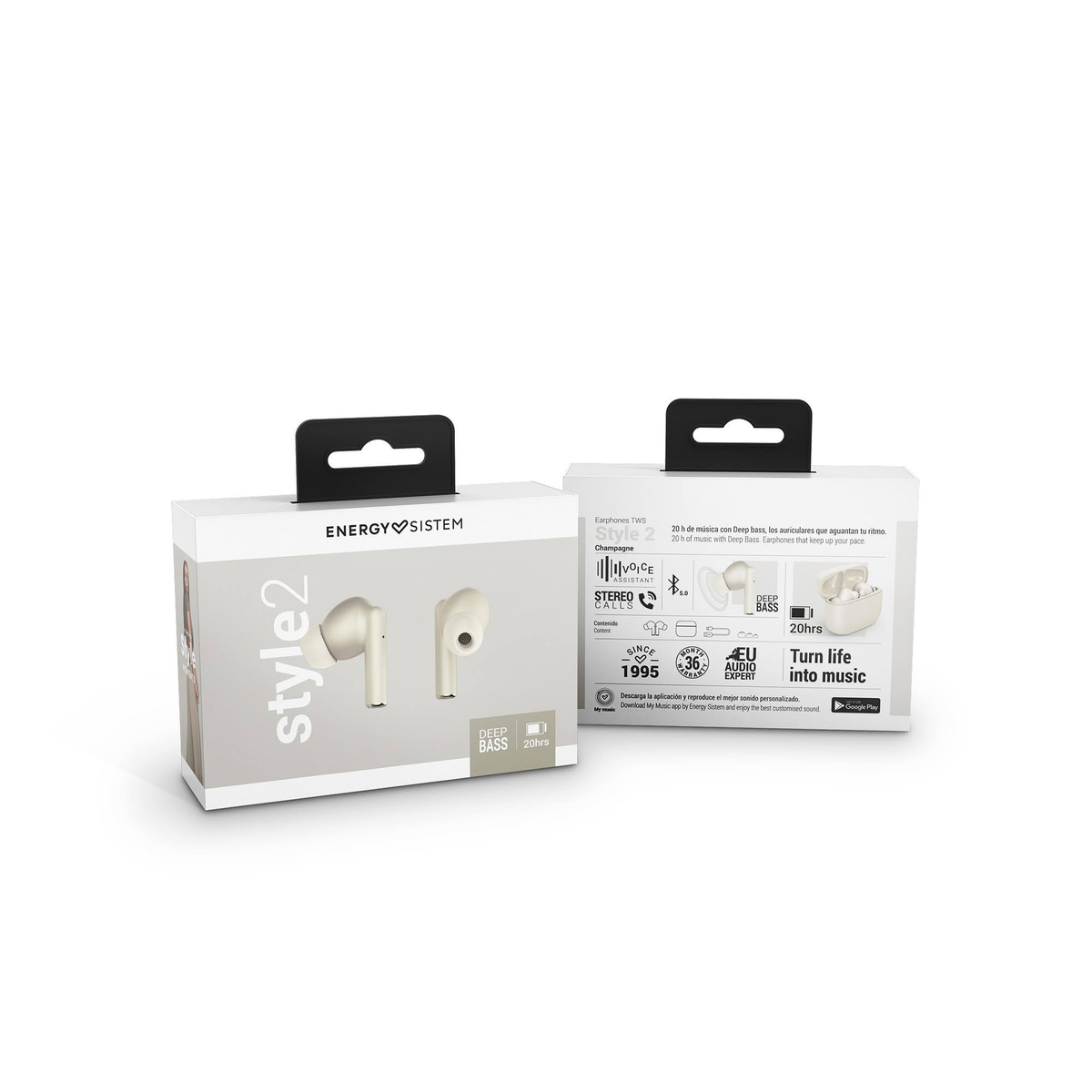 Pudełko na słuchawki. Białe pudełko z nazwą marki Energy Sistem i słowem Style 2.