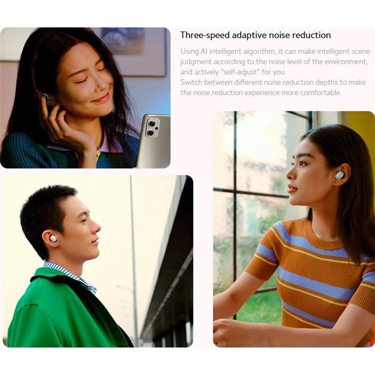 Osoby noszące słuchawki, obraz z tekstem o redukcji szumów.