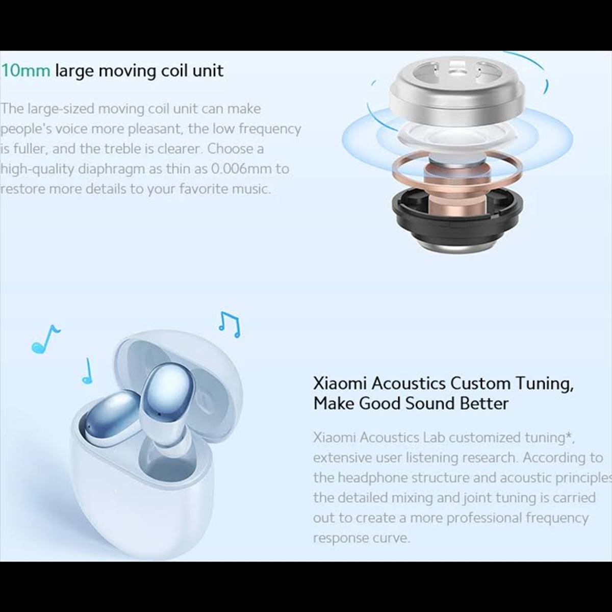 Słuchawki douszne w białym etui, z tekstem o jakości dźwięku i strojenie akustycznym.