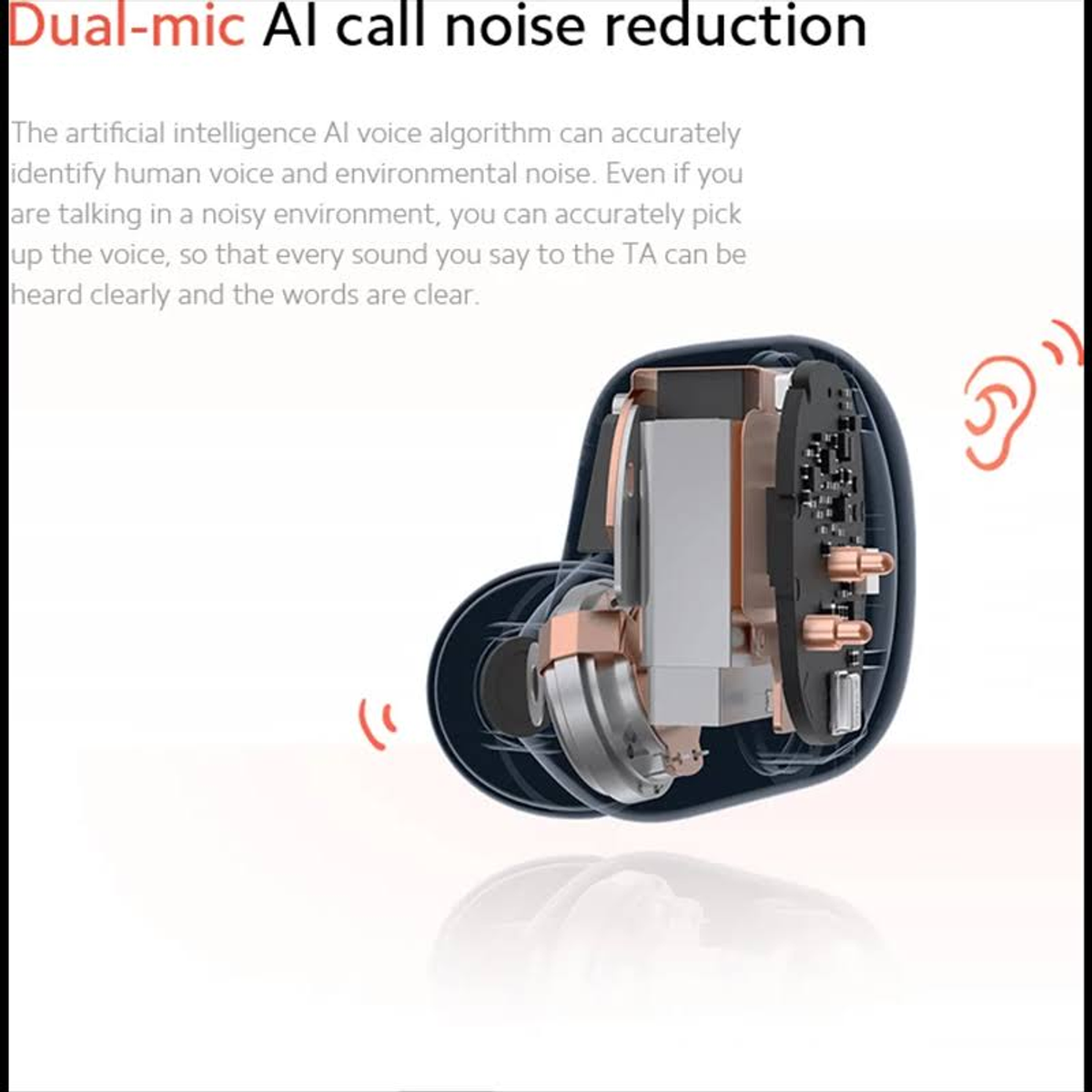 Przekrój dousznika pokazujący komponenty wewnętrzne, z tekstem o redukcji szumów.
