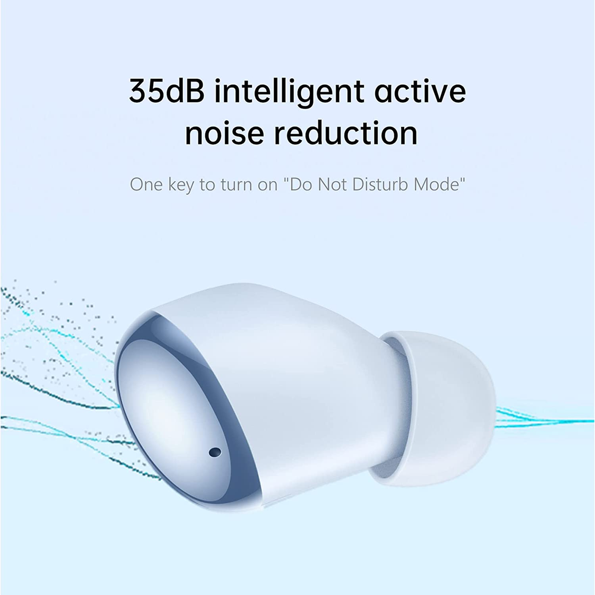Auricolare bianco con testo: 35dB riduzione attiva del rumore, un tasto per la modalità DND.
