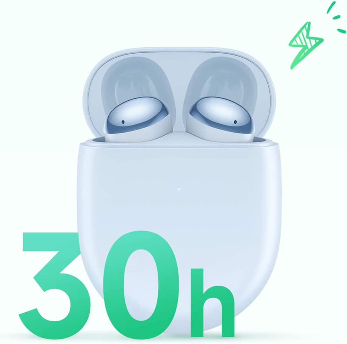 Due auricolari in una custodia di ricarica bianca con testo verde 30h.