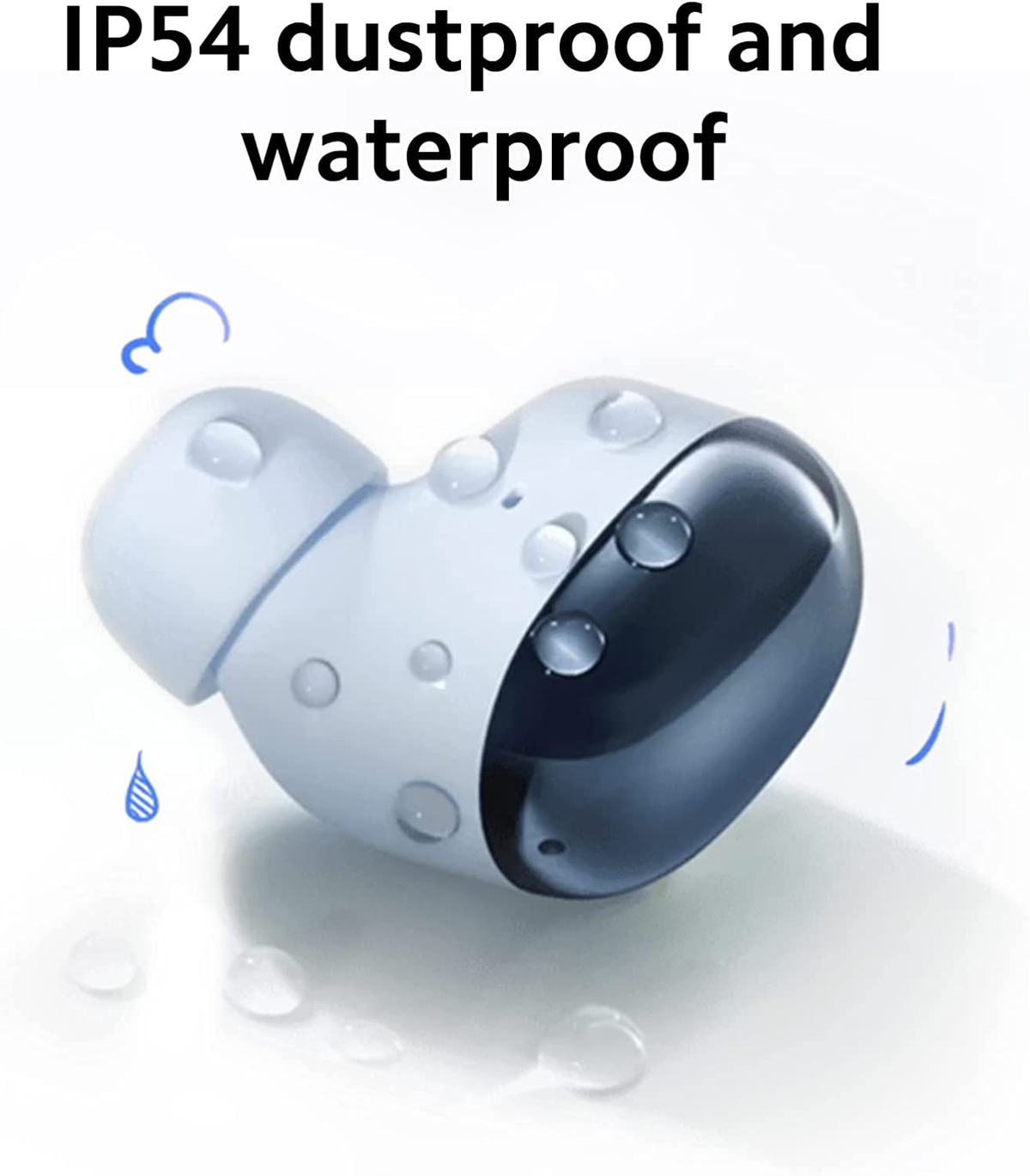 Auricolare blu e nero. Testo: IP54 antipolvere e impermeabile. Illustrazioni di gocce d'acqua.