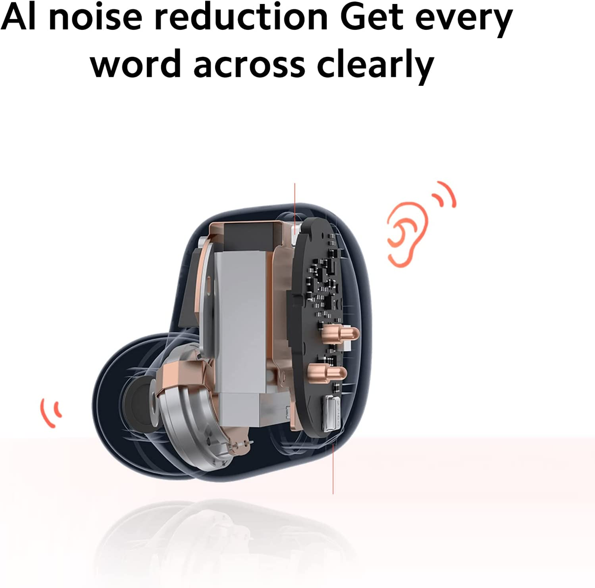 Diagramma della sezione trasversale degli auricolari. Testo: Riduzione del rumore AI. Onde audio rosse e icone orecchie.