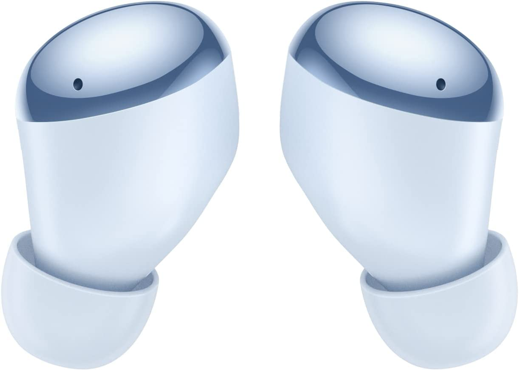 Due auricolari azzurri con la parte superiore argentata. Sfondo bianco.