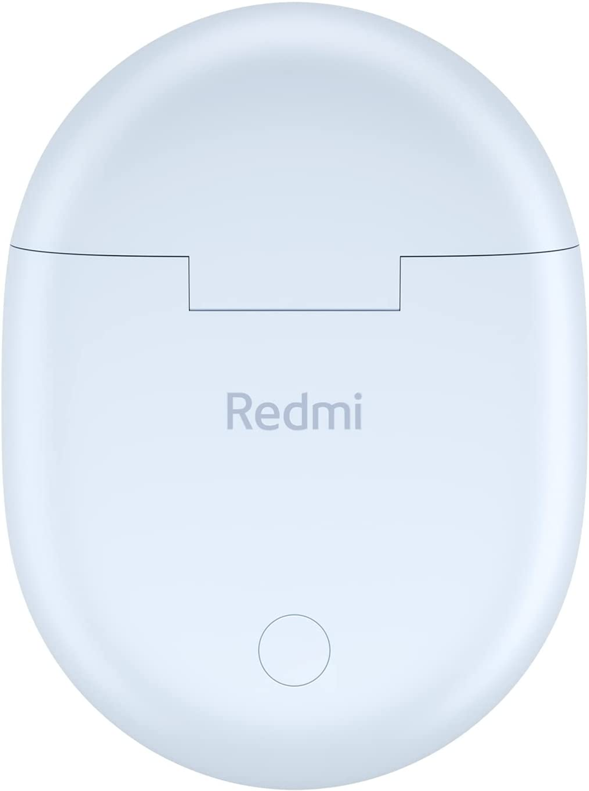 Custodia per auricolari Redmi blu chiaro. La custodia è di forma ovale con il logo Redmi sulla parte superiore.