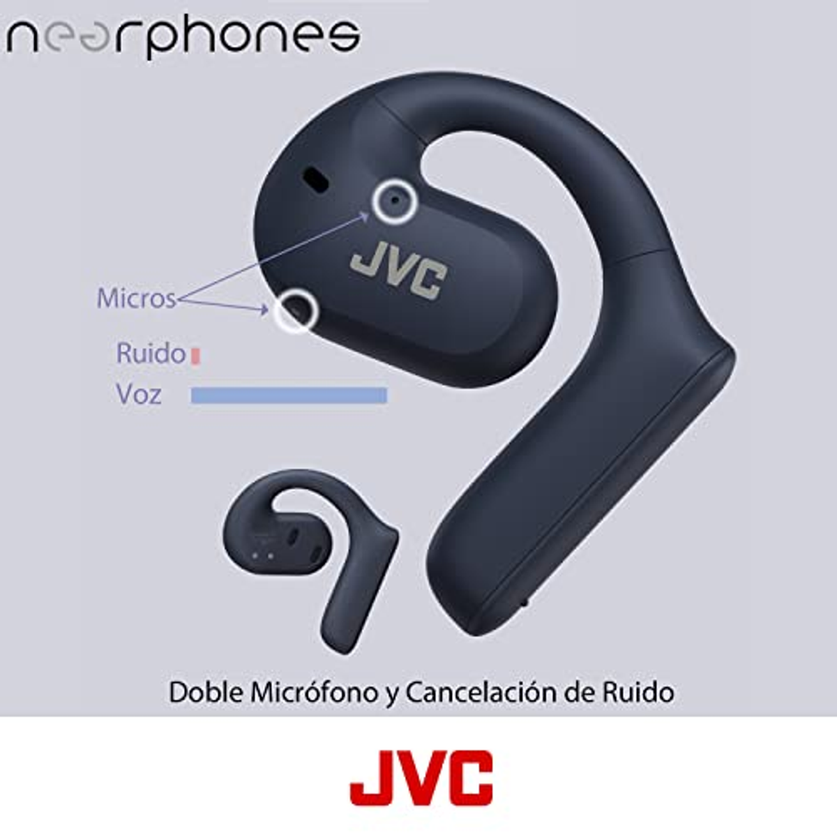 Granatowe słuchawki z marką JVC. Tekst pokazuje 'Podwójny mikrofon i redukcja szumów'.