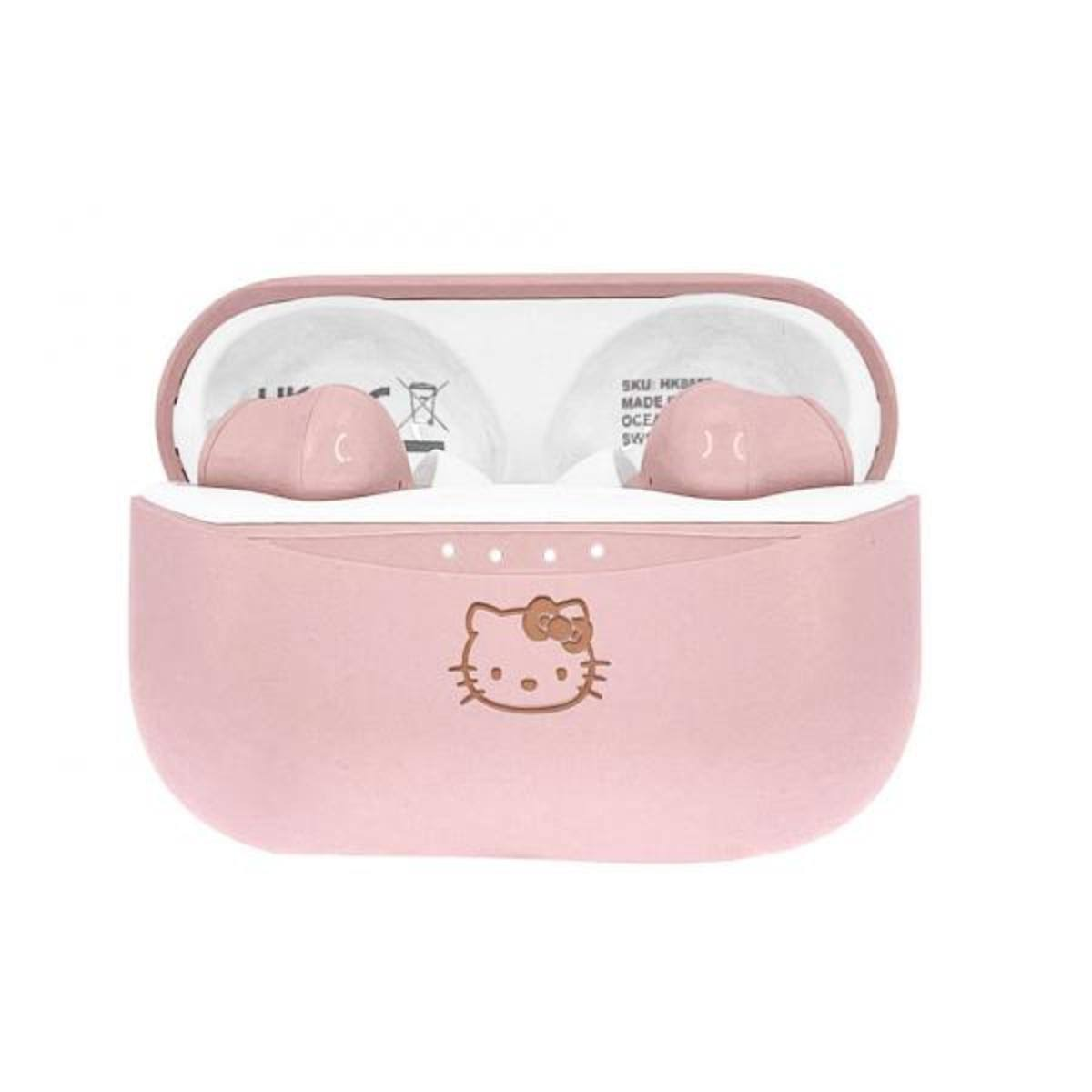 Różowe słuchawki Hello Kitty w etui. Białe tło. Etui jest różowe.