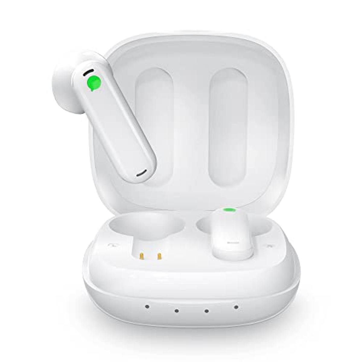 Auriculares blancos en un estuche de carga. Un auricular está separado. Luces indicadoras verdes.