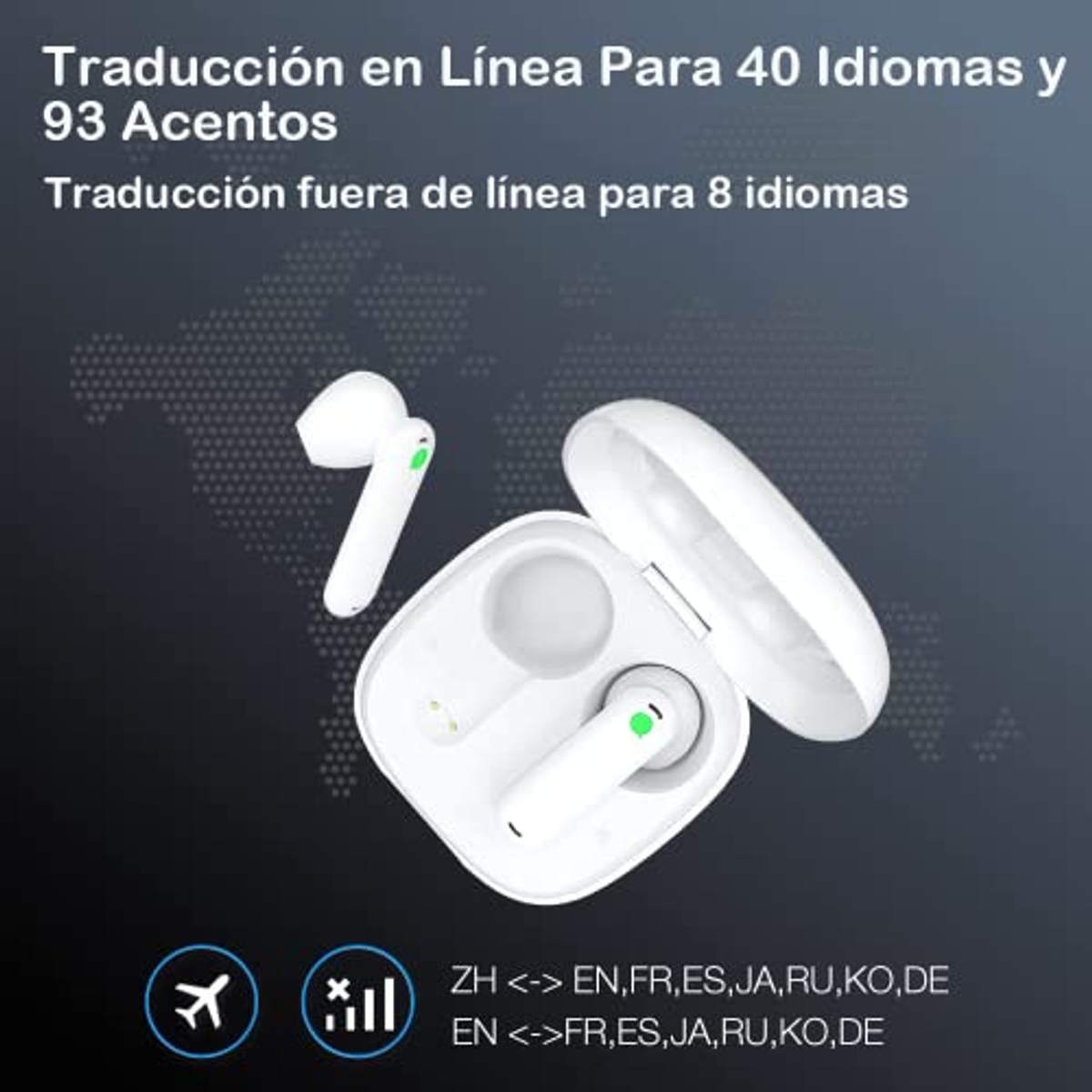 Auriculares blancos en un estuche de carga, con texto sobre la traducción. El fondo es azul oscuro con un mapa mundial.