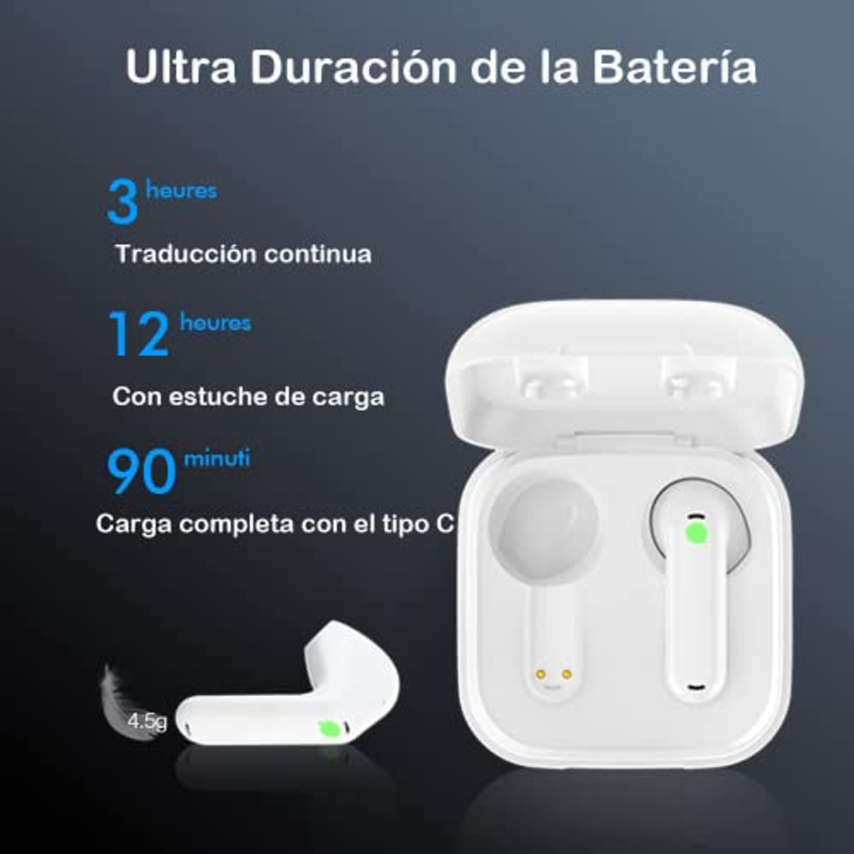 Auriculares y estuche de carga con texto sobre duración de la batería y tiempo de carga.