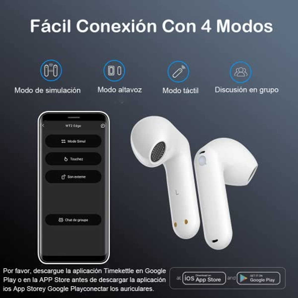 Imagen con texto y dos auriculares blancos. Texto en español. El fondo es un degradado.
