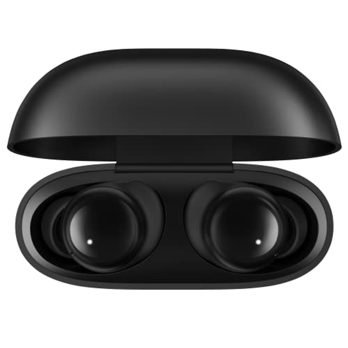 Auricolari neri in una custodia di ricarica aperta. La custodia è anch'essa nera.