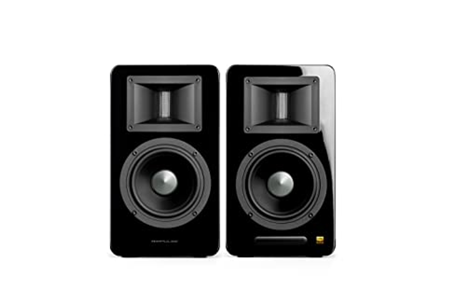 Dwa czarne głośniki ze srebrnym środkiem. Każdy ma głośnik wysokotonowy i niskotonowy.