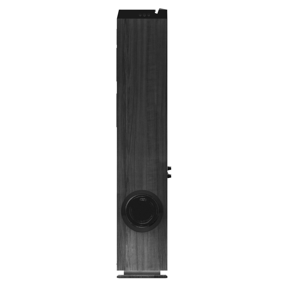 Altavoz negro con textura de madera, vista lateral.