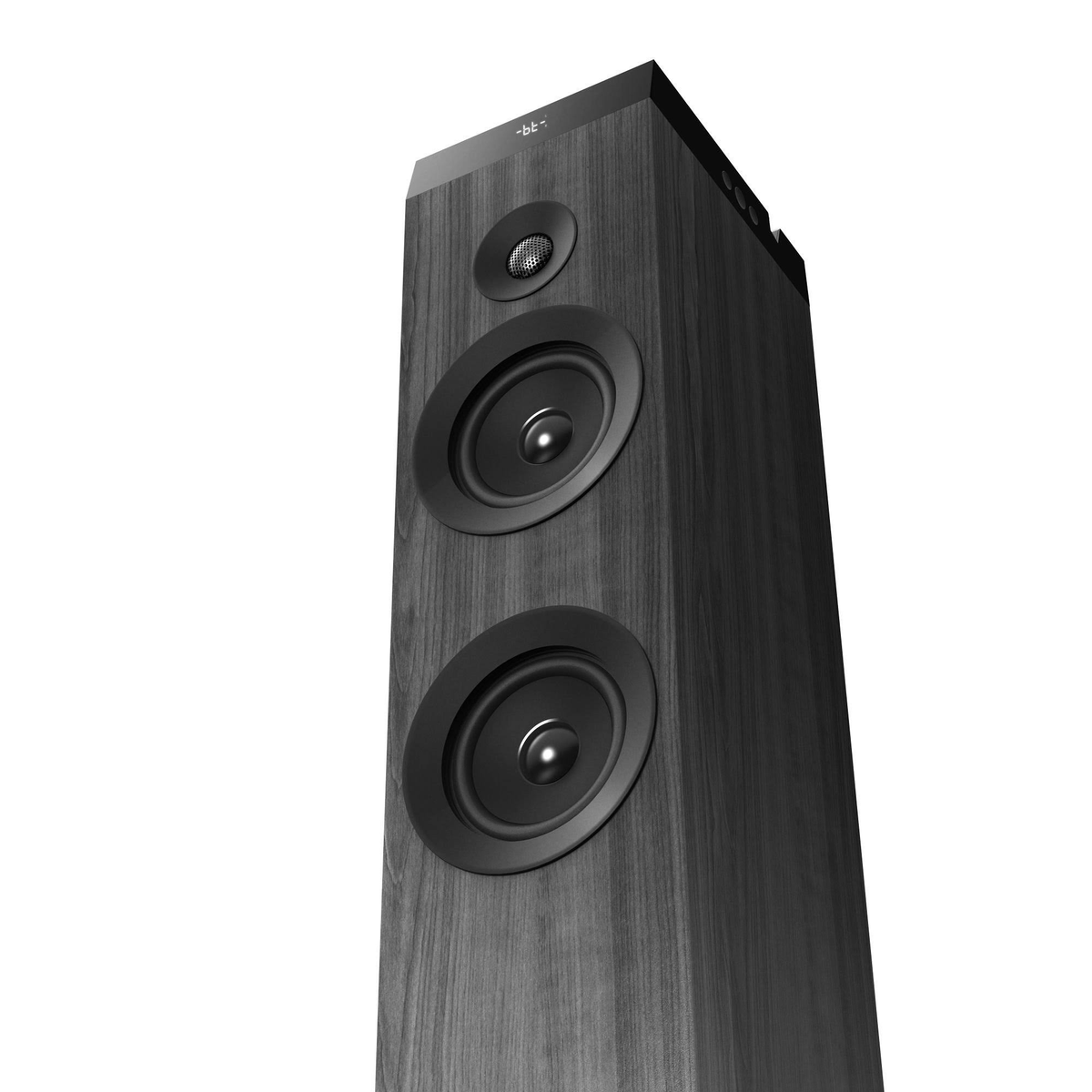 Altavoz negro alto con tres altavoces en fila.