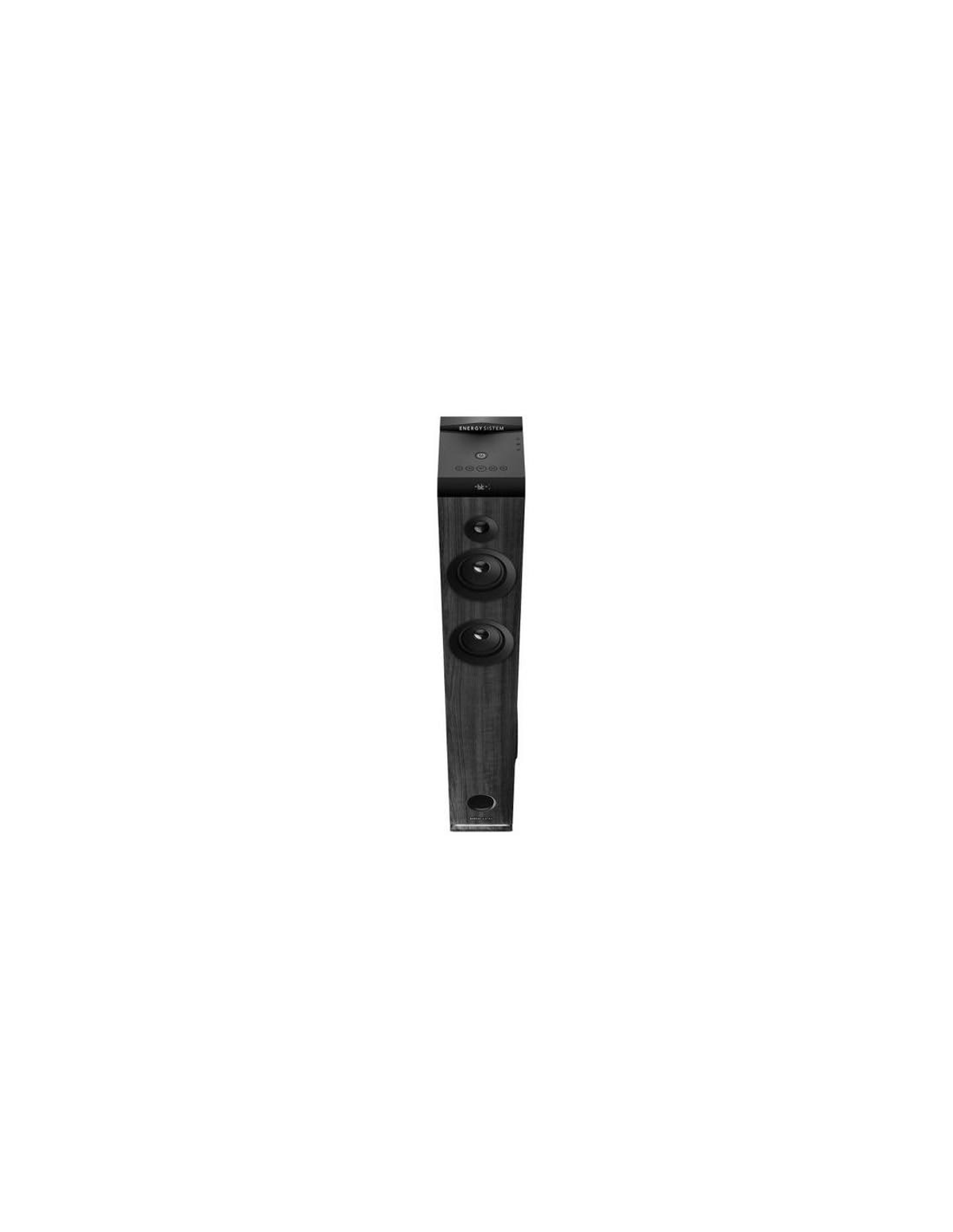 Altavoz negro y alto sobre un fondo blanco. Diseño sencillo, moderno, con tres altavoces.
