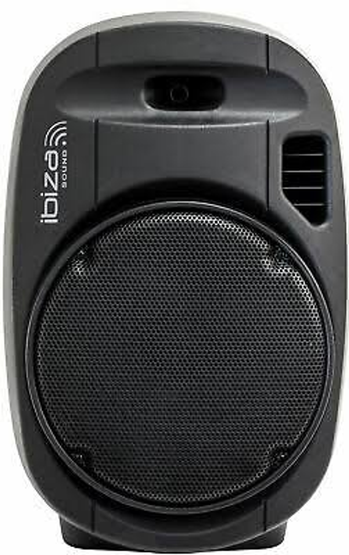 Altoparlante nero con bordi arrotondati e una parte anteriore a rete. Logo Ibiza Sound.