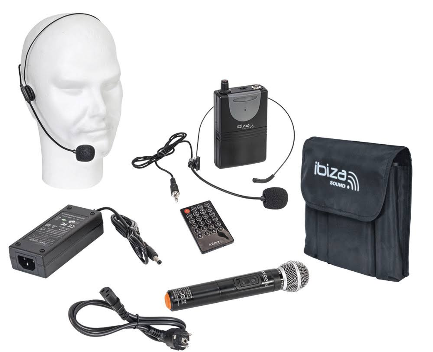 Un set di apparecchiature audio tra cui cuffie, ricevitore, microfono e alimentatore, su sfondo bianco.