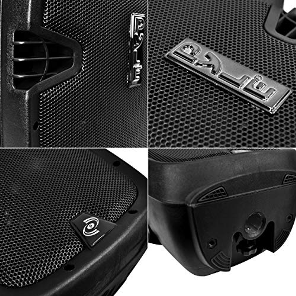 Nahaufnahme eines schwarzen Lautsprechers mit Mesh-Abdeckung. Details des Logos und der Funktionen des Lautsprechers sind abgebildet.