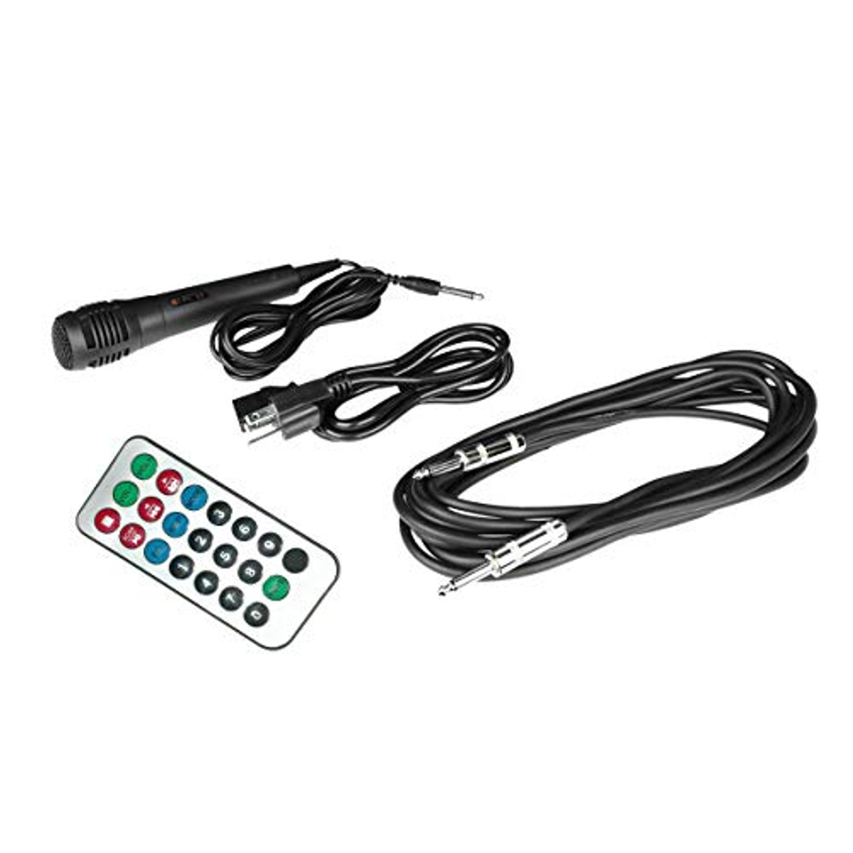Mikrofon, Kabel und Fernbedienung. Die Artikel sind schwarz und weiß.