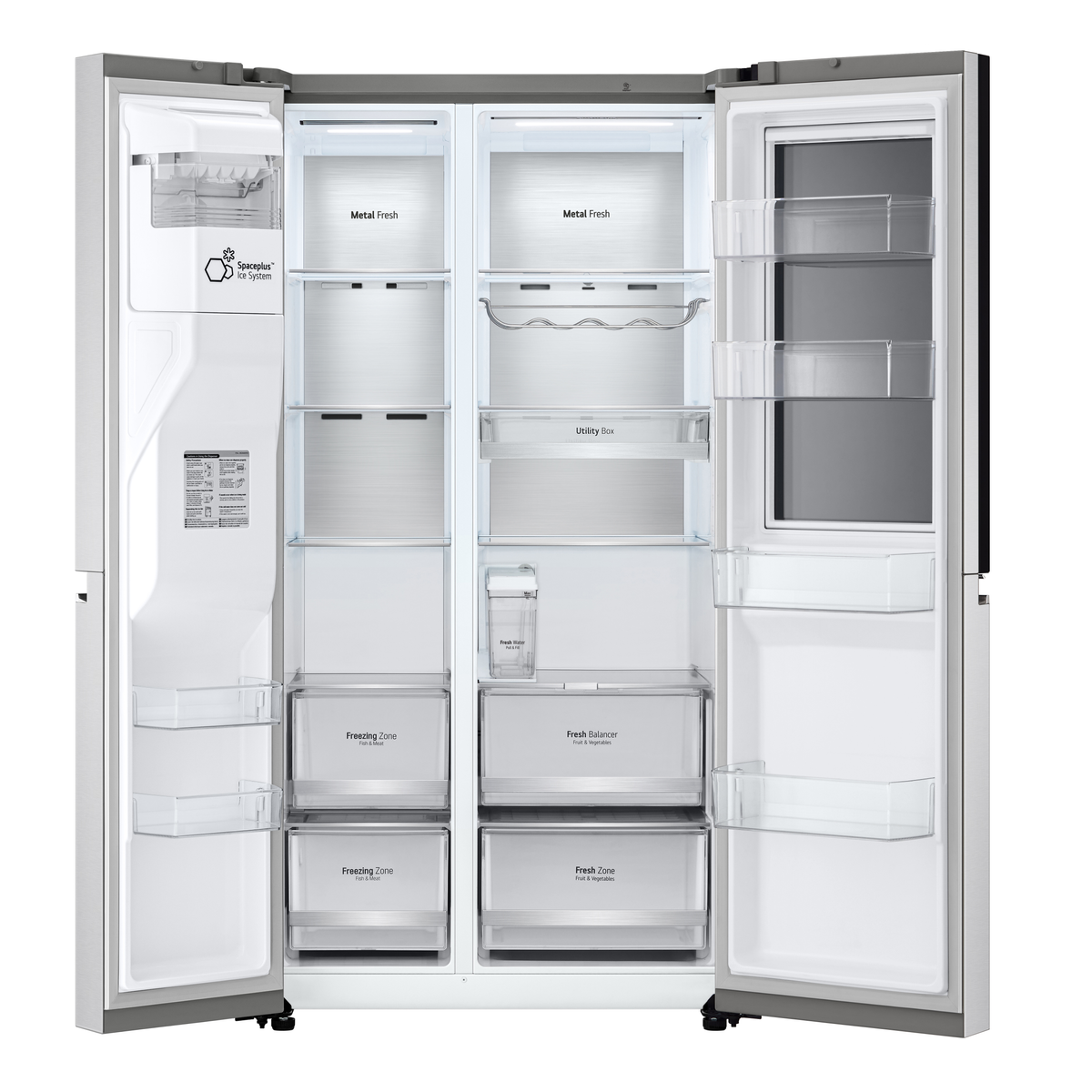 Geöffneter Edelstahlkühlschrank mit Regalen, Schubladen und Wasserspender.