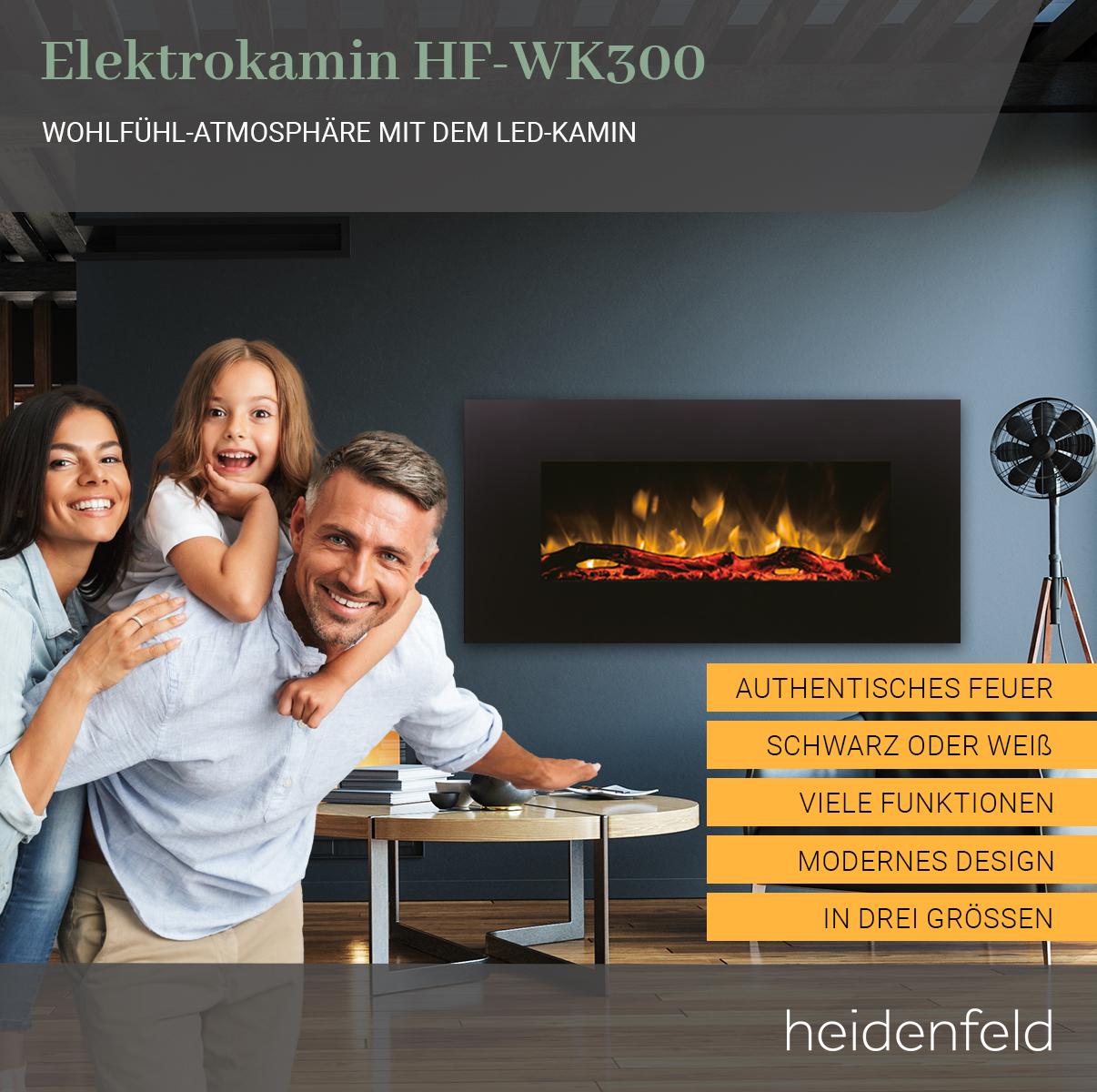 107.0 HEIDENFELD HF-WK300 Watt) 55.0 x (1500 cm Wandkamin Elektrokamin