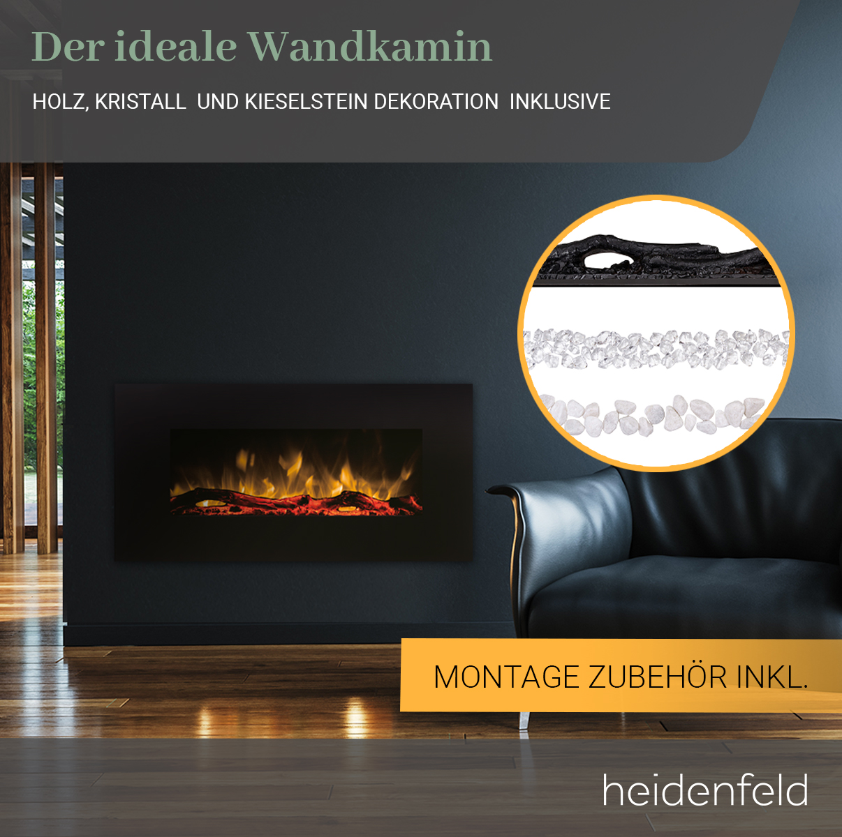 HEIDENFELD Wandkamin (1500 107.0 x cm Watt) HF-WK300 55.0 Elektrokamin