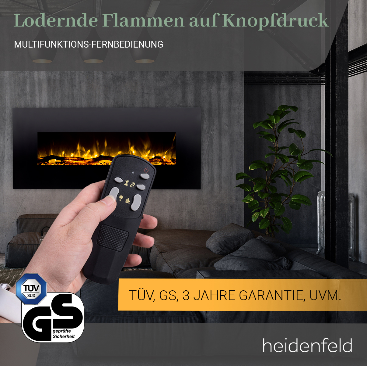HEIDENFELD Wandkamin 55.0 x Watt) HF-WK300 (1500 128.0 Elektrokamin cm
