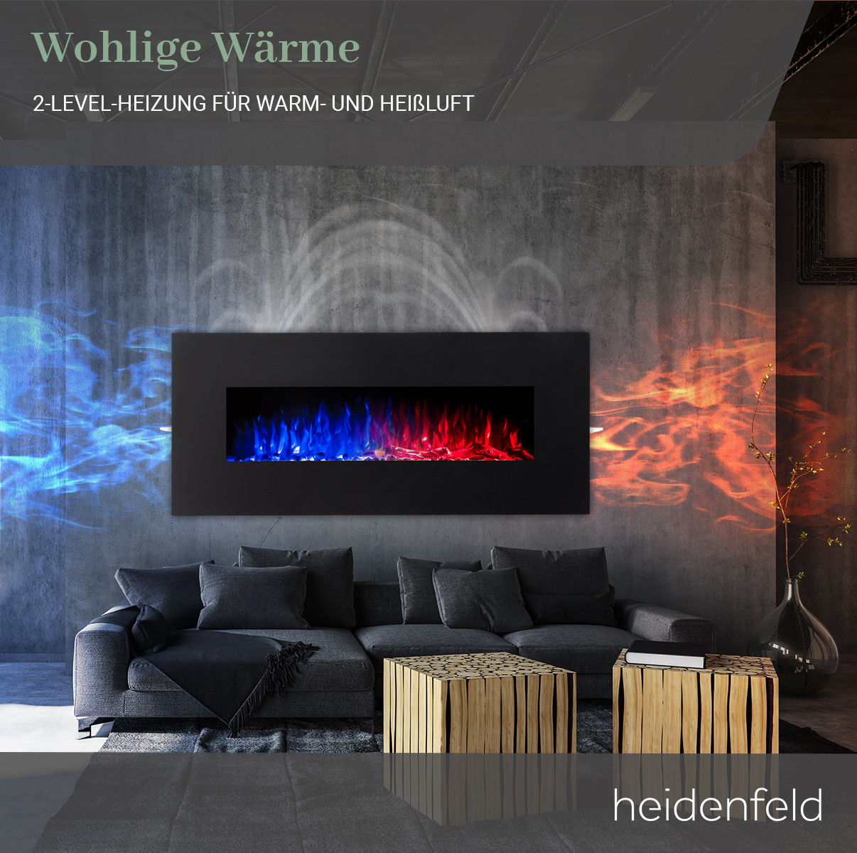 HEIDENFELD Watt) (1500 HF-WK300 Wandkamin 84.0 Elektrokamin x 45.0 cm