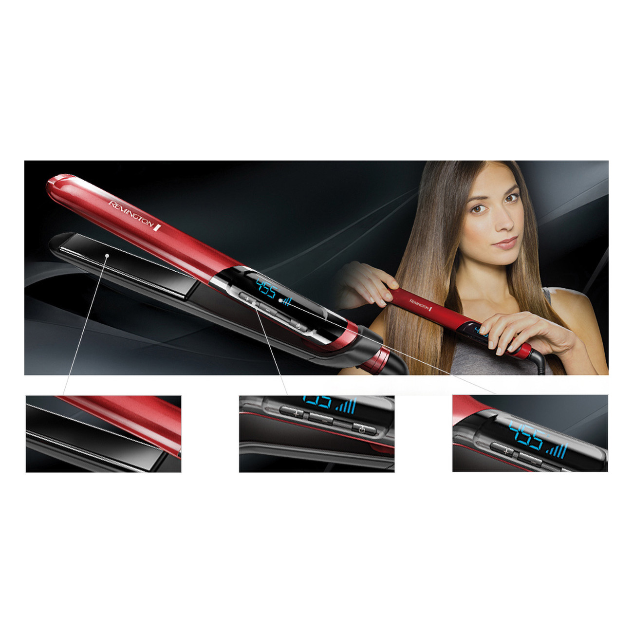 Kobieta używająca czerwonej prostownicy do włosów. Istnieją zbliżenia produktu.