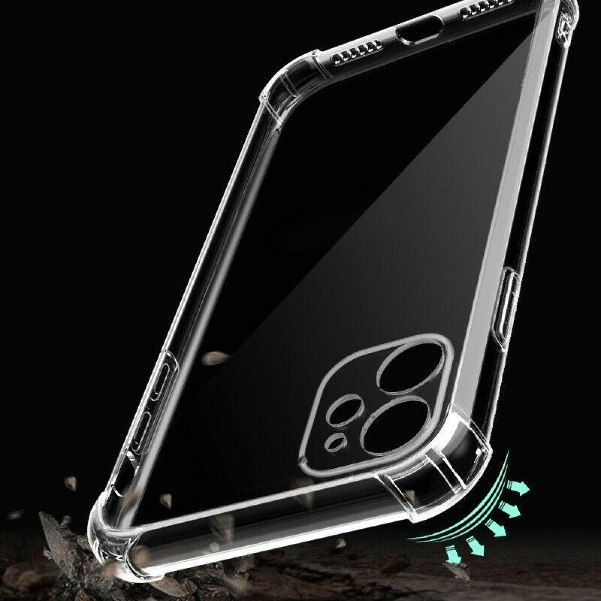 Eine transparente Handyhülle, mit einem Telefon darin, zeigt ein Sturzschutzdesign mit Pfeilen.