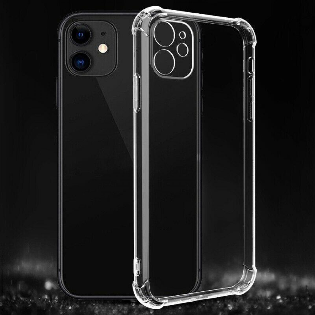 Zwei schwarze Smartphones mit transparentem Gehäuse auf dunklem Hintergrund, Kameras und Details zeigend.