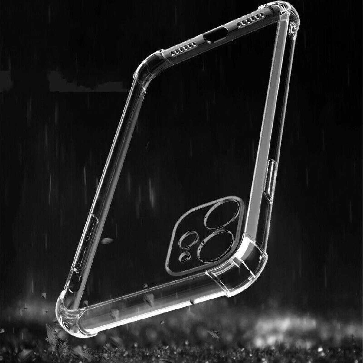 Transparente Handyhülle. Die Hülle ist transparent und zeigt die Konturen des Telefons. Auf dunklem Hintergrund.