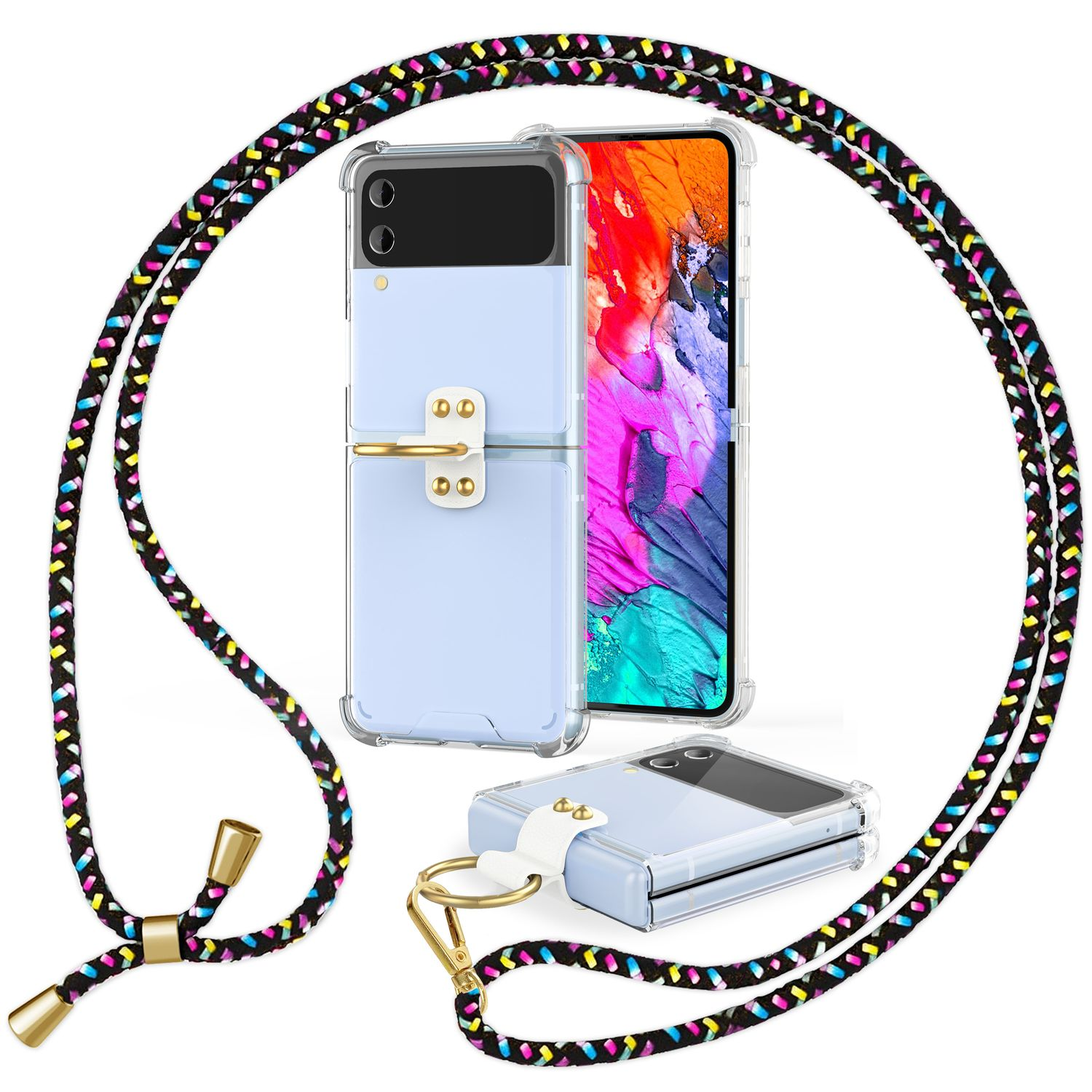 Transparente Handyhülle mit Kordel, blaues Telefon und goldener Halter.