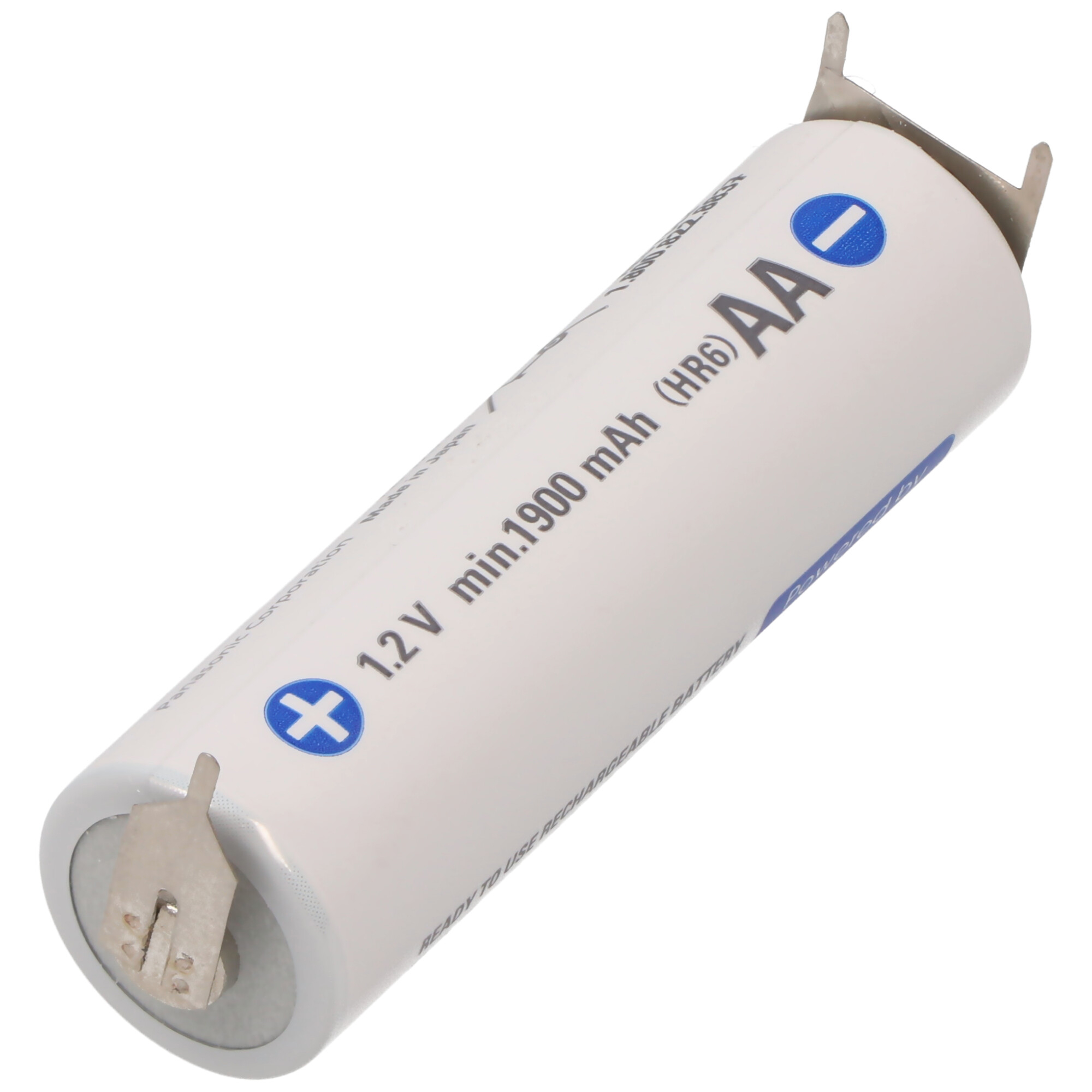 Wiederaufladbare AA-Batterie, weiß mit blauen und grauen Details, zeigt Plus- und Minuspol.