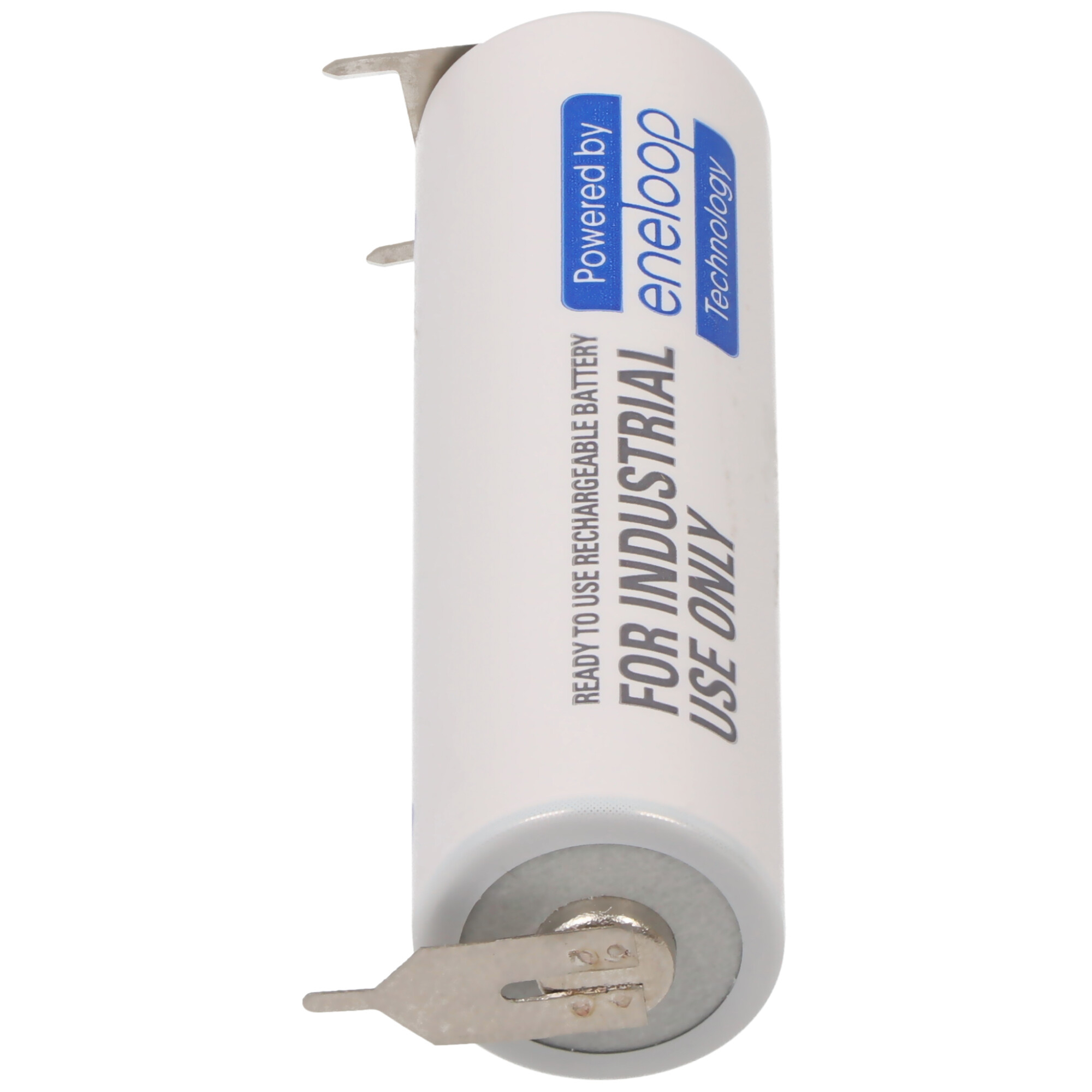 Eine weiße Batterie mit blauem Text und Metallstiften am Ende.