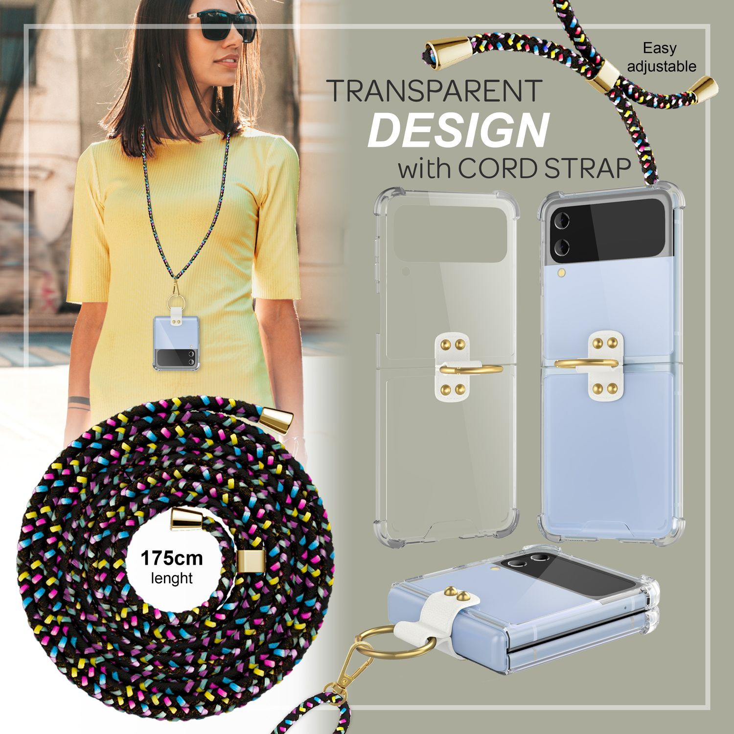 Frau mit Handyhülle und Kordelband. Transparentes Design und zwei Handyhüllen-Optionen.